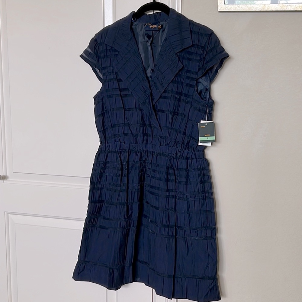 Just Taylor navy cap sleeve cross over dress